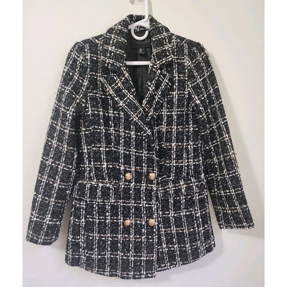 Rachel Zoe Tweed Blazer Jacket Womens XS Black White Gold Double Breasted
